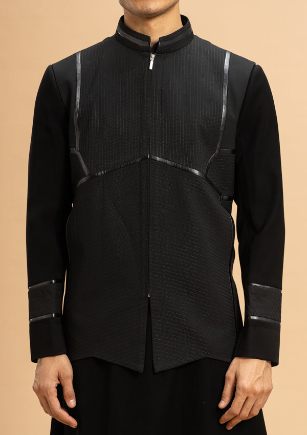 Black Poly Viscose Bandi Jacket with leather patti piping on koti