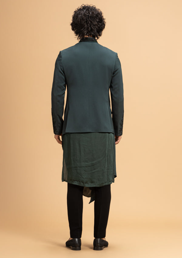 Green Satin Fabric Bandhgala Suit
