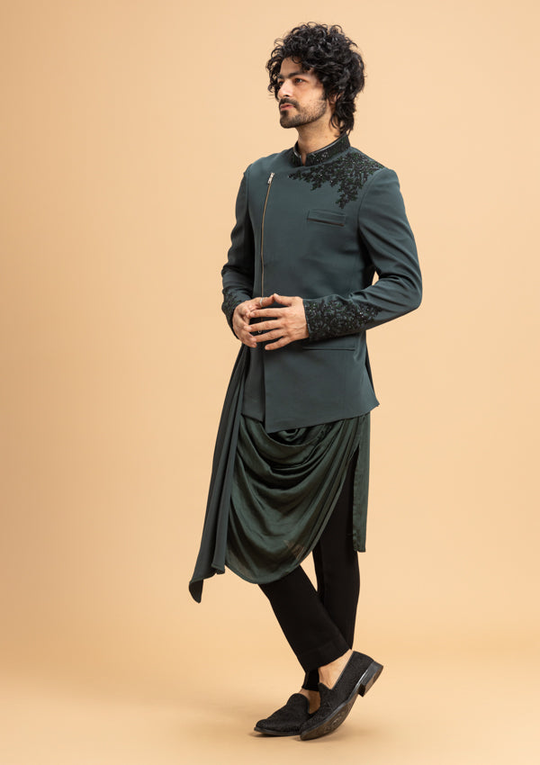 Green Satin Fabric Bandhgala Suit