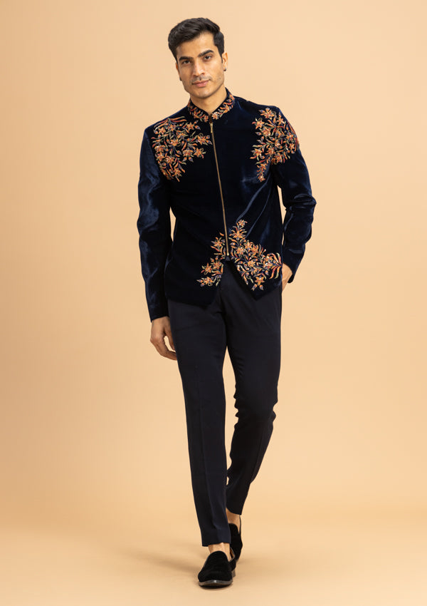 Blue Velvet Bandhgala Suit With Resham Work