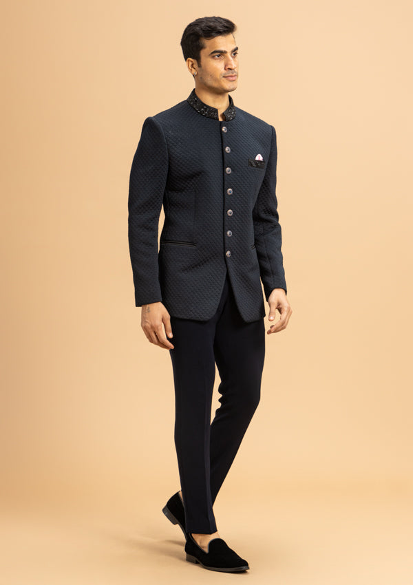Dark Blue Quilting Fabric Bandhgala Suit