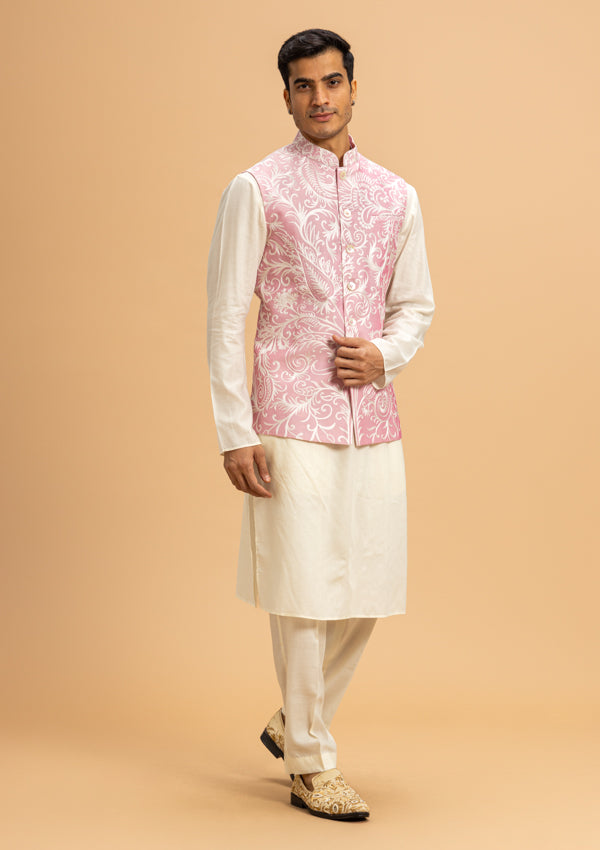 White & Pink Raw Silk Bandi Jacket with Koti Machine work