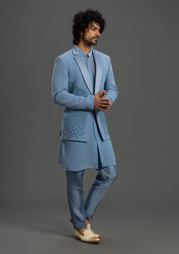 Sky Blue Italian Suit, Modal Satin Kurta Pyjama with Pearl Work