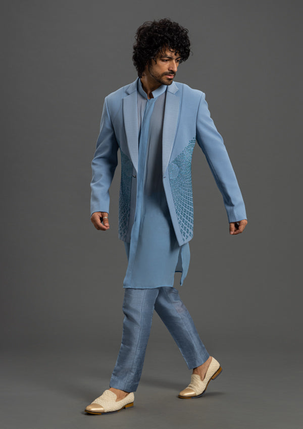 Sky Blue Italian Suit, Modal Satin Kurta Pyjama with Pearl Work
