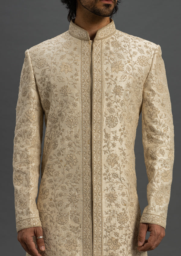 Off White Raw Silk Sherwani With Thread & Pearl Work